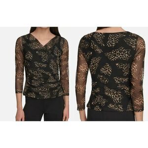 DKNY Women's 3/4-Sleeve Printed Mesh V-Neck Top XS